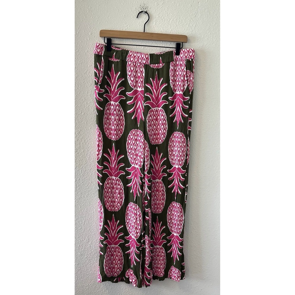 Boden Crinkle Wide Leg Pants Size 12 Pineapple Green Pink Boho Beachy Pull On